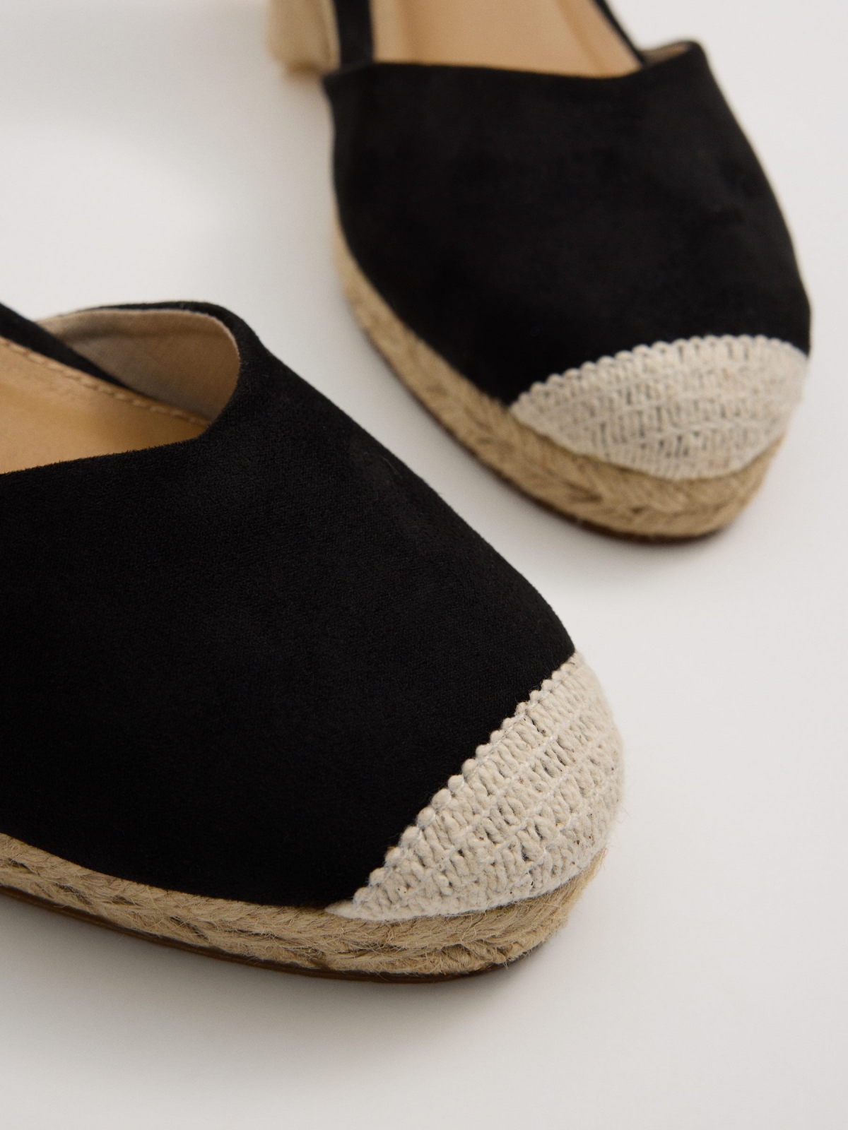 Closed toe microfiber wedges black detail view