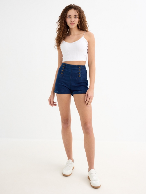 Short denim tiro alto botones azul vista general frontal
