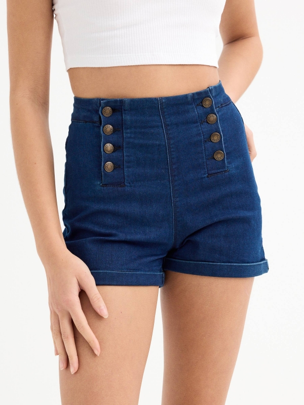 Short denim tiro alto botones azul vista detalle