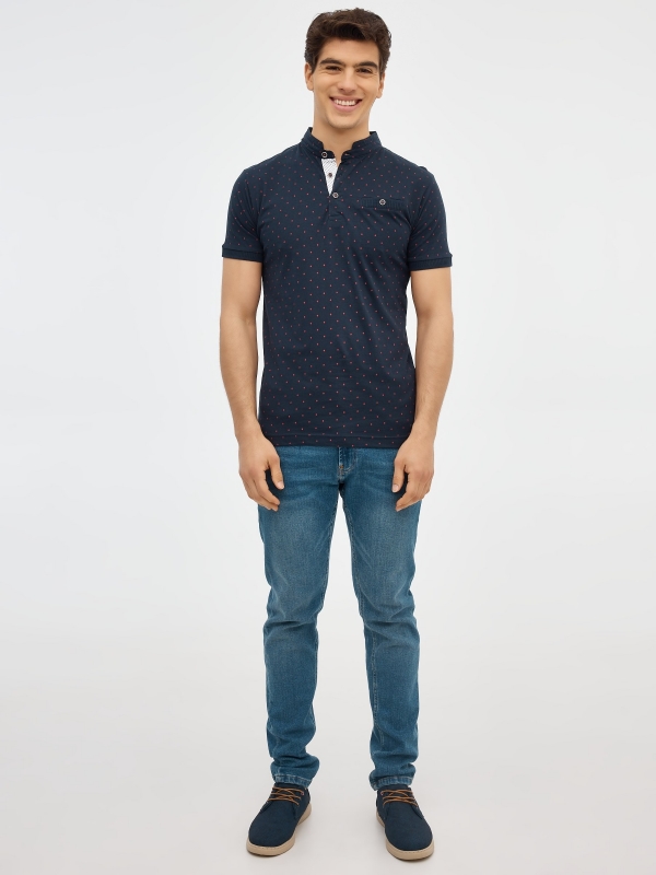 Mao collar polo pocket blue front view
