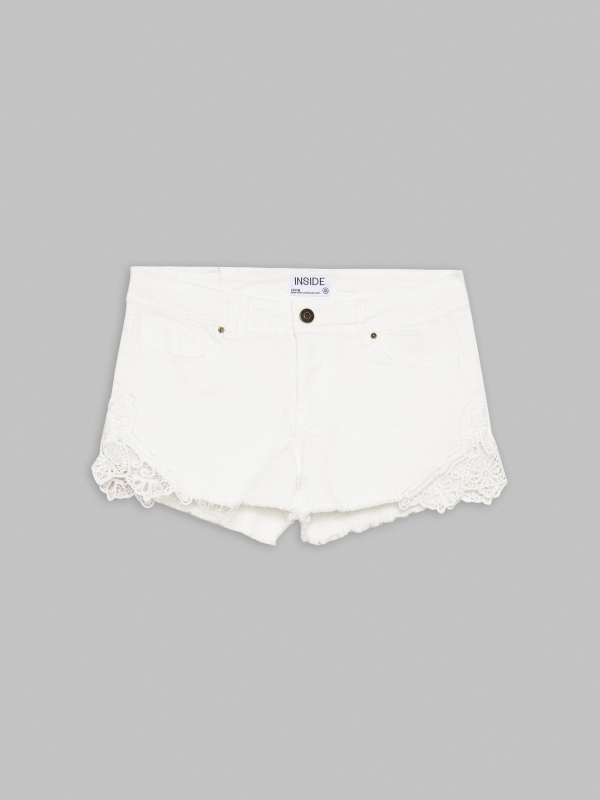  Short jeans detalhes crochê branco vista frontal