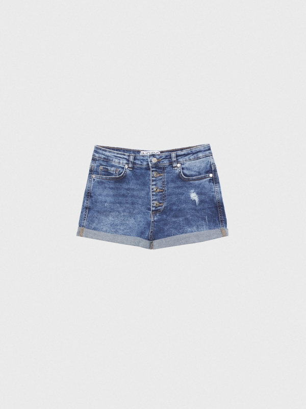  Shorts jeans rasgados botões azul vista frontal