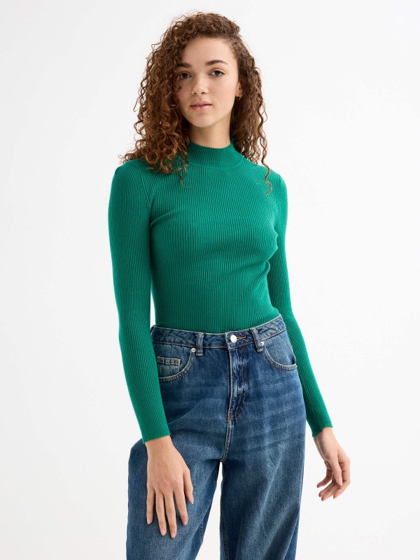 Camisola preta com gola rulê verde vista meia frontal