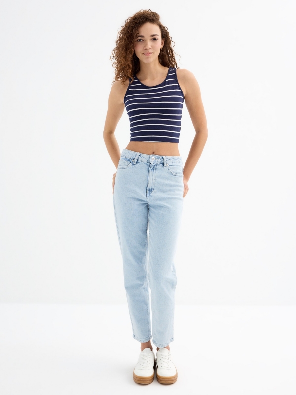 Striped cropped tank t-shirt blue front view