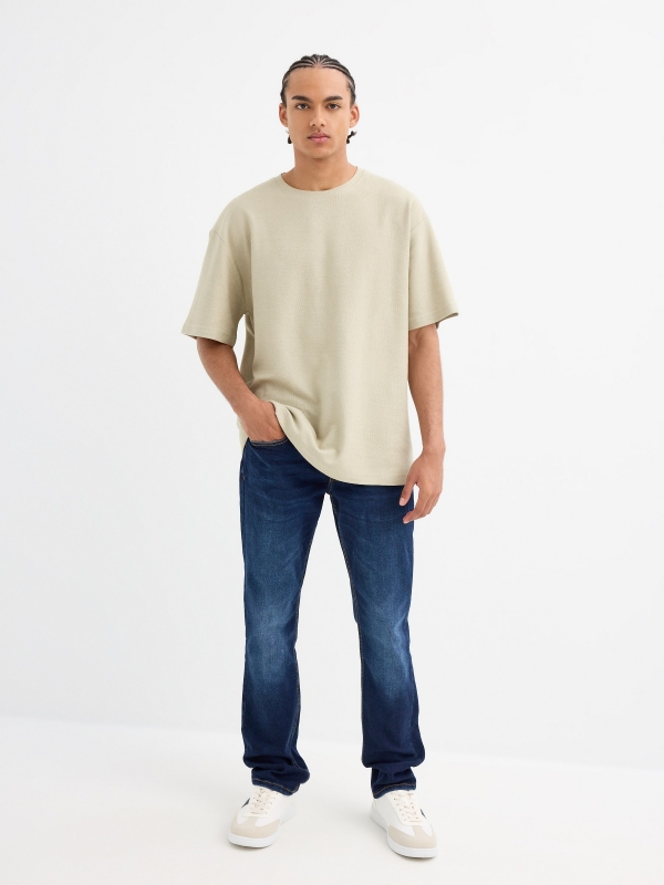 Dark blue slim jeans with stitching