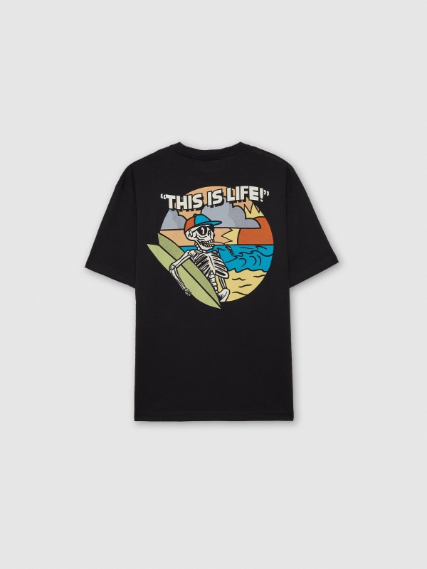 Camiseta de manga curta estampada com caveira preto vista traseira