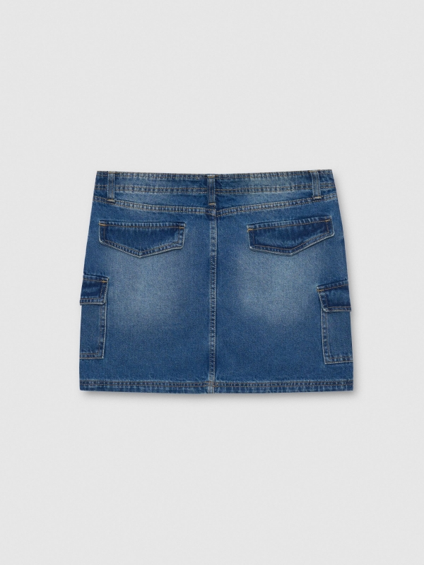 Falda mini denim multibolsillos azul vista trasera