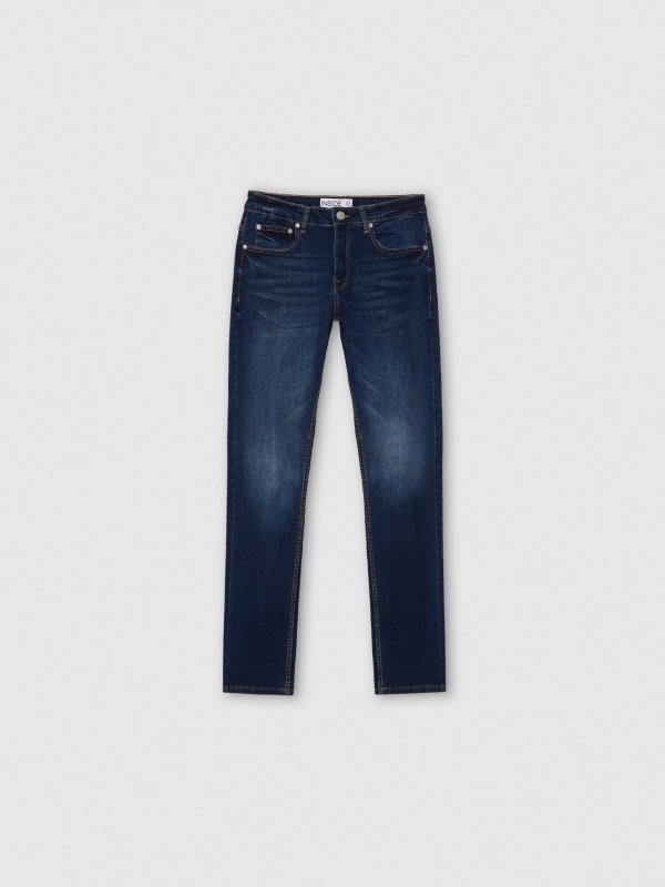  Dark blue slim jeans with stitching blue front view