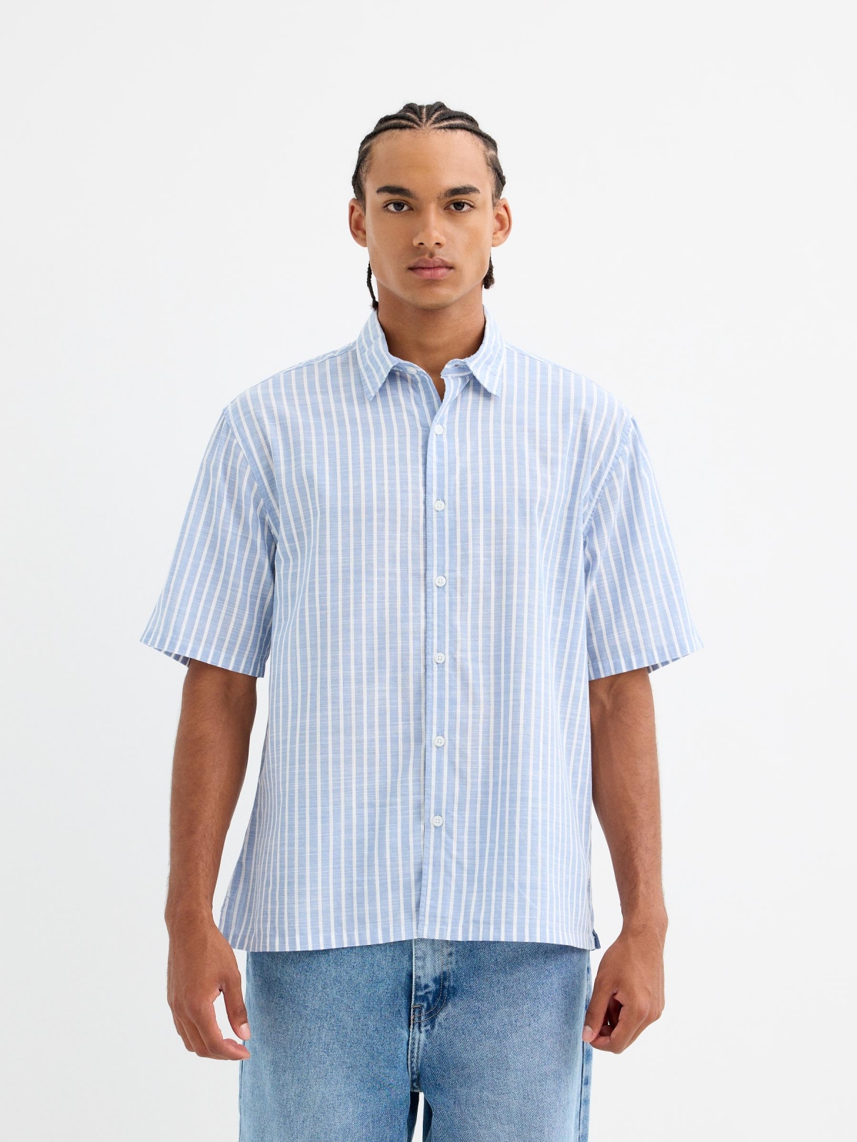 Camisa de rayas algodón azul celeste vista media frontal