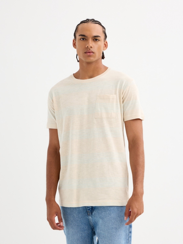 Short-sleeve striped t-shirt with pocket ivory middle front view