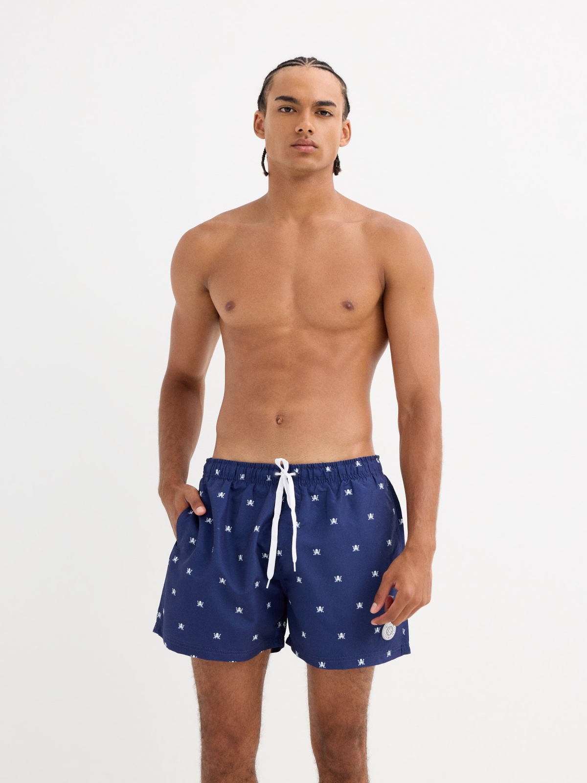 Maiô estampado polvos azul escuro vista meia frontal