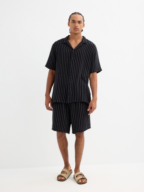 Rustic short-sleeve striped shirt black front view