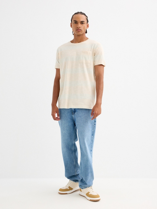 Short-sleeve striped t-shirt with pocket ivory front view