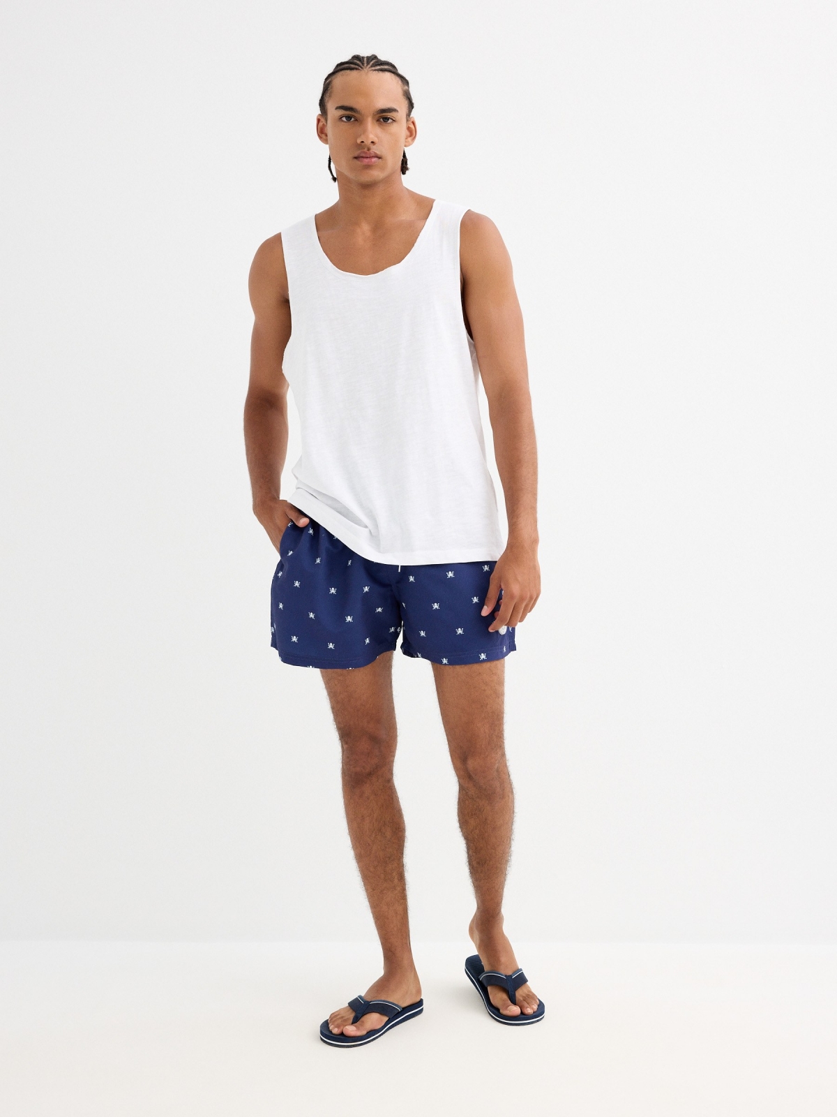 Octopus print swimsuit dark blue front view