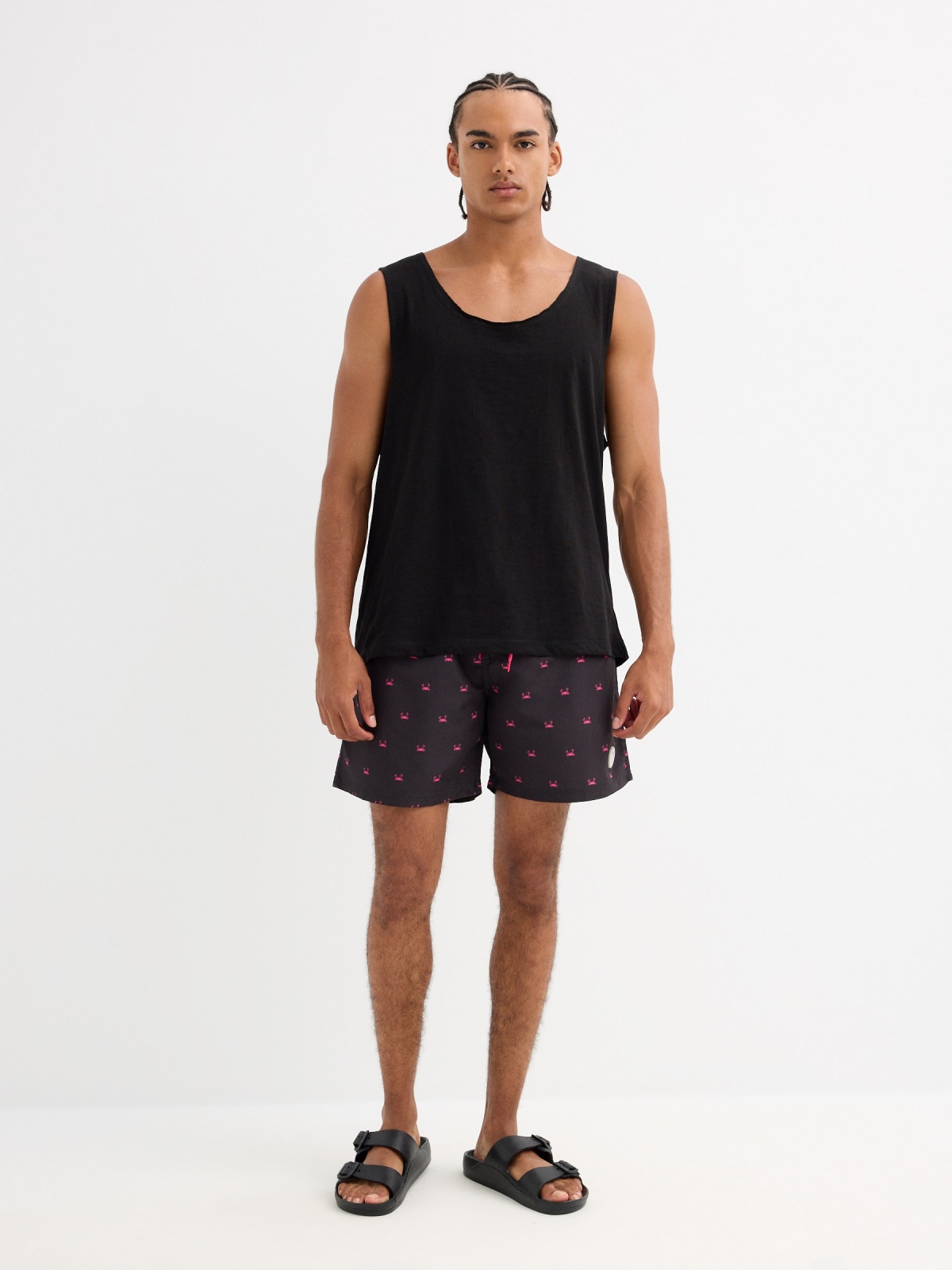 Crab print swimsuit black front view