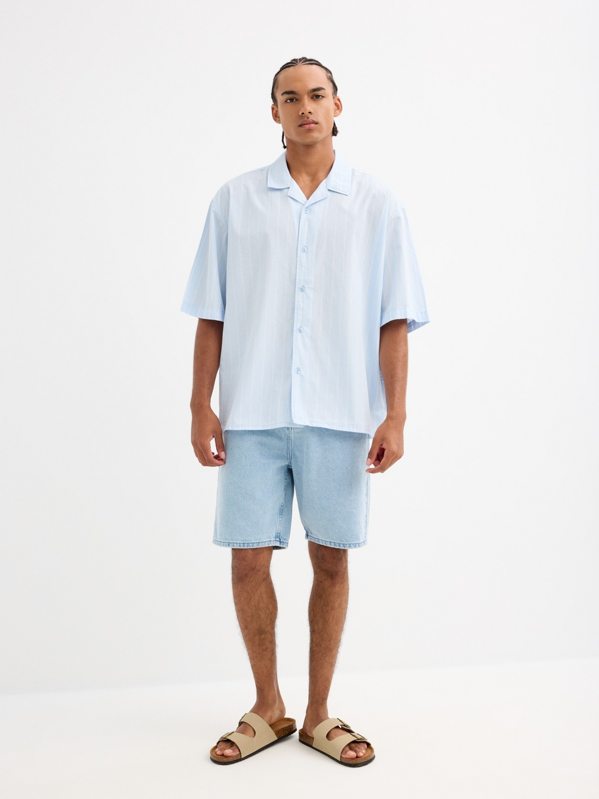 Short-sleeve striped shirt sky blue front view
