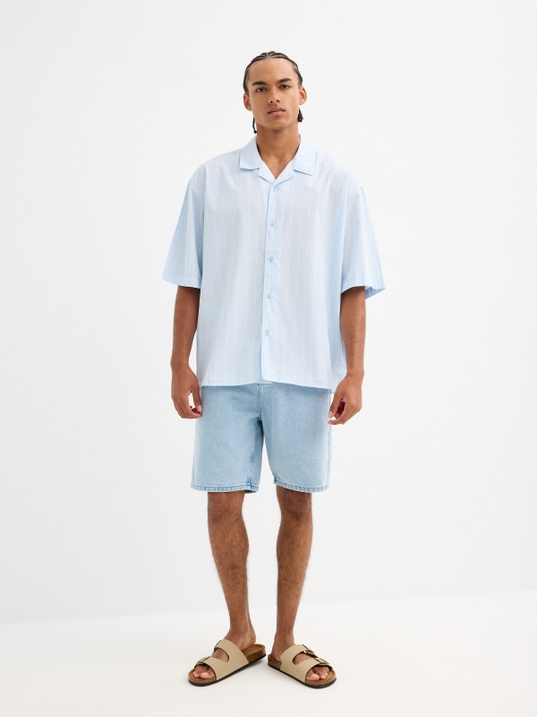 Short-sleeve striped shirt sky blue front view