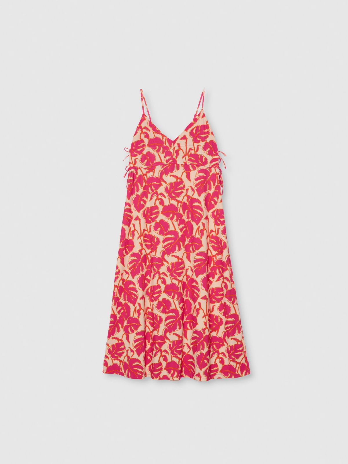  Vestido midi folhas areia vista frontal