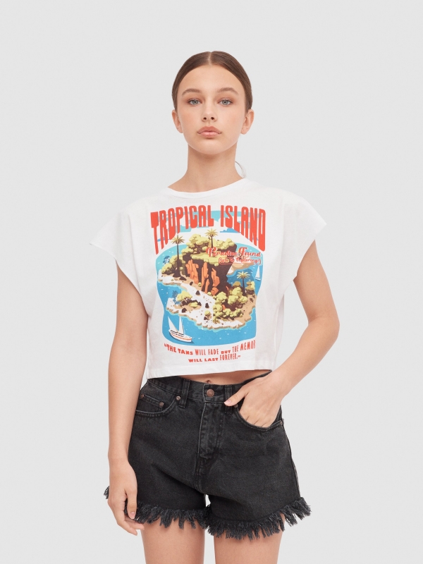 Camiseta crop sin mangas Tropical Island blanco vista media frontal