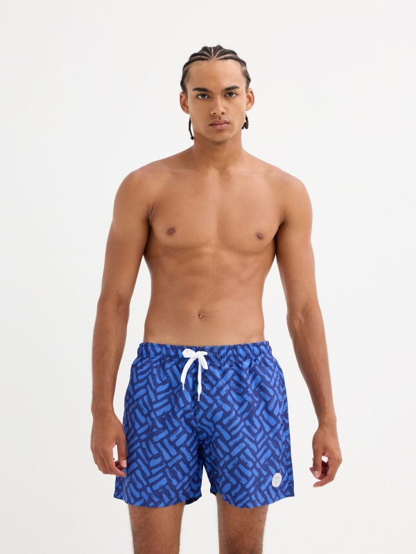 Geometric print swimsuit blue middle front view