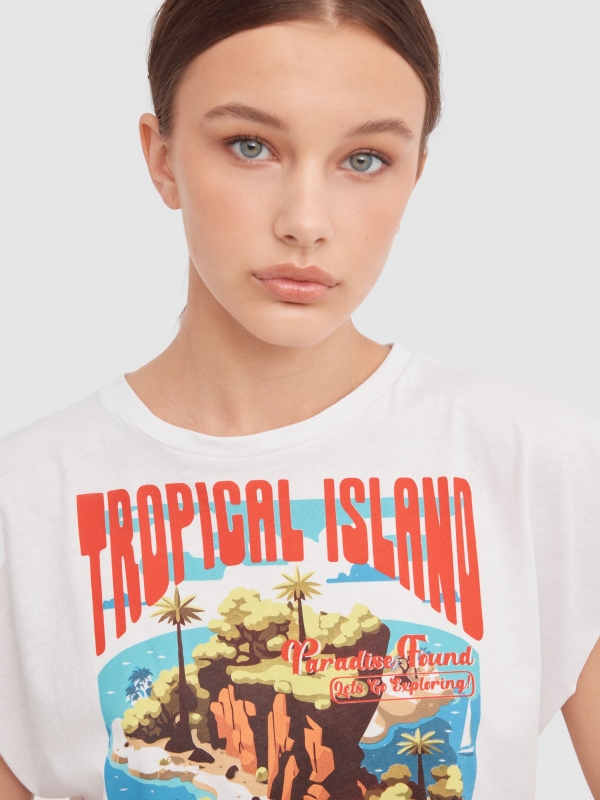 Camiseta crop sin mangas Tropical Island blanco vista detalle