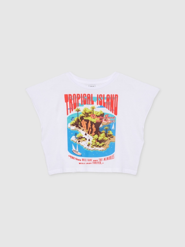  Camiseta crop sin mangas Tropical Island blanco vista frontal