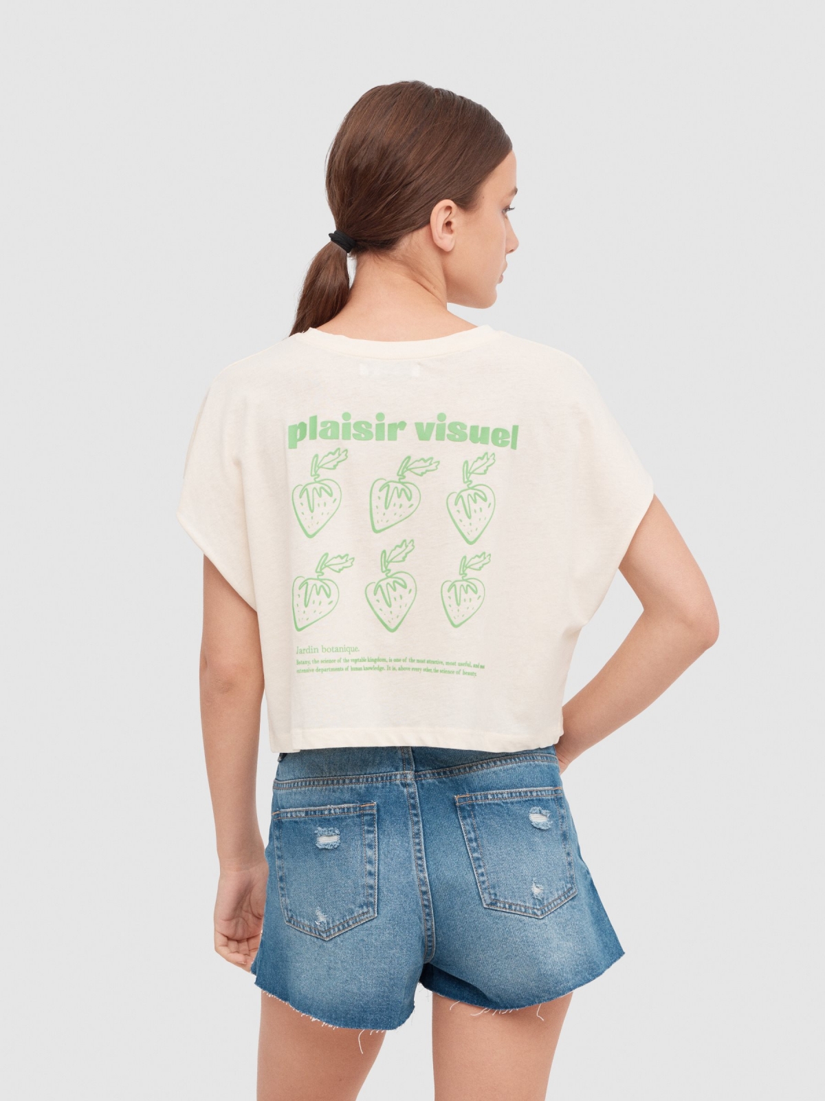 Camiseta cropped sem mangas Jardim Botânico off white vista meia traseira