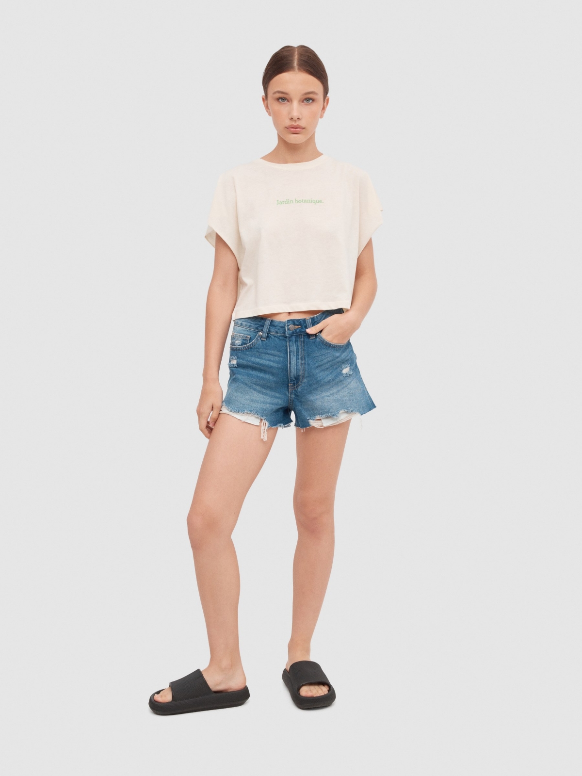 Camiseta cropped sem mangas Jardim Botânico off white vista geral frontal