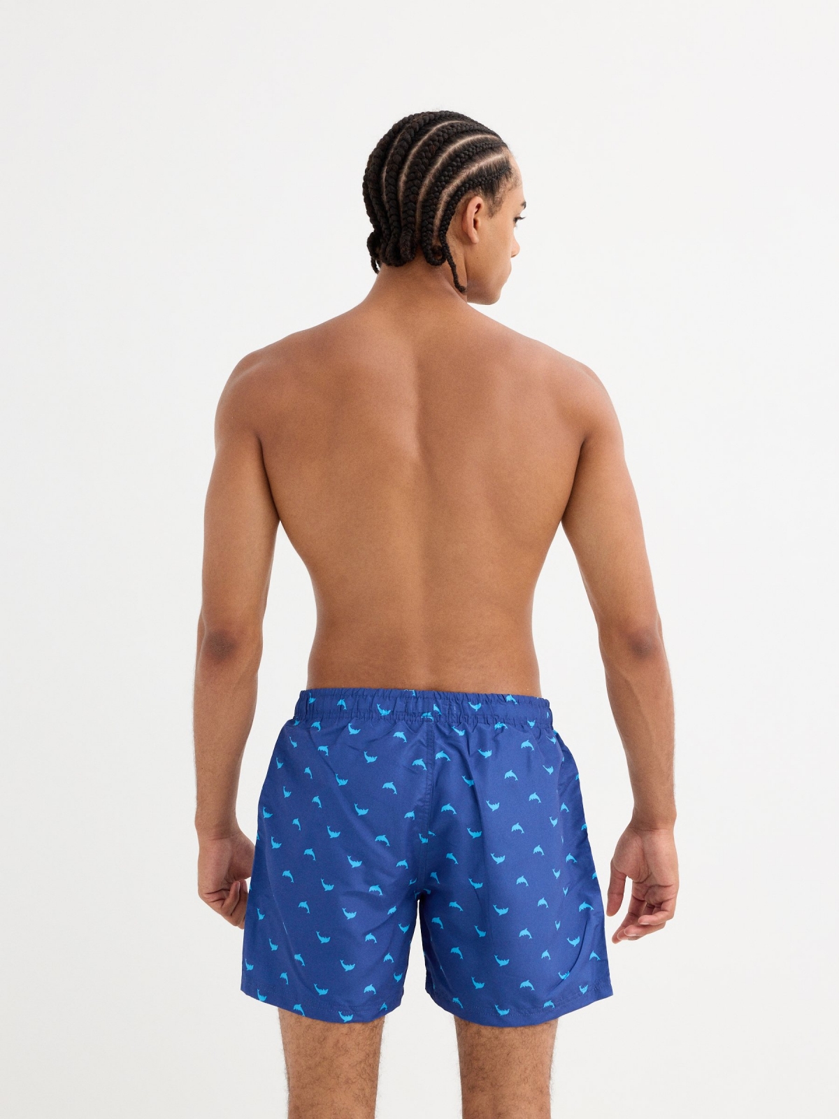 Dolphin print swimsuit blue middle back view