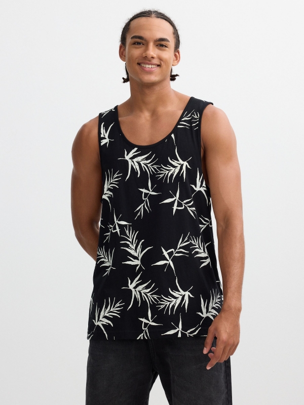 Regata estampada tropical preto vista meia frontal