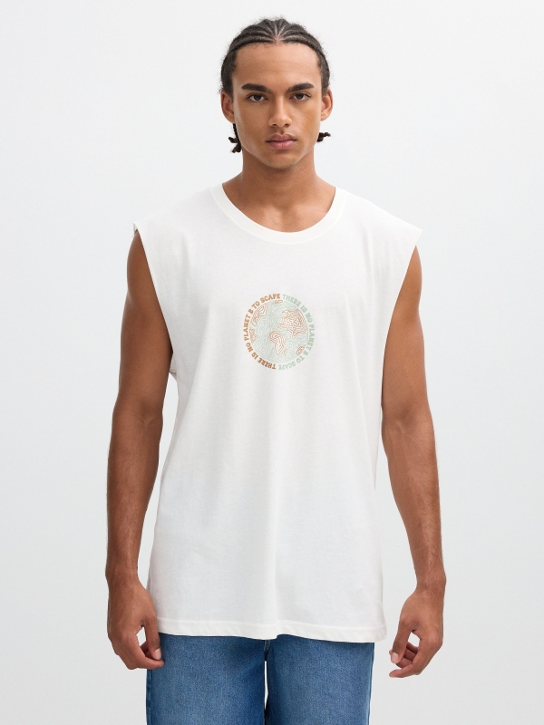 Camiseta sem mangas estampada planeta off white vista meia frontal