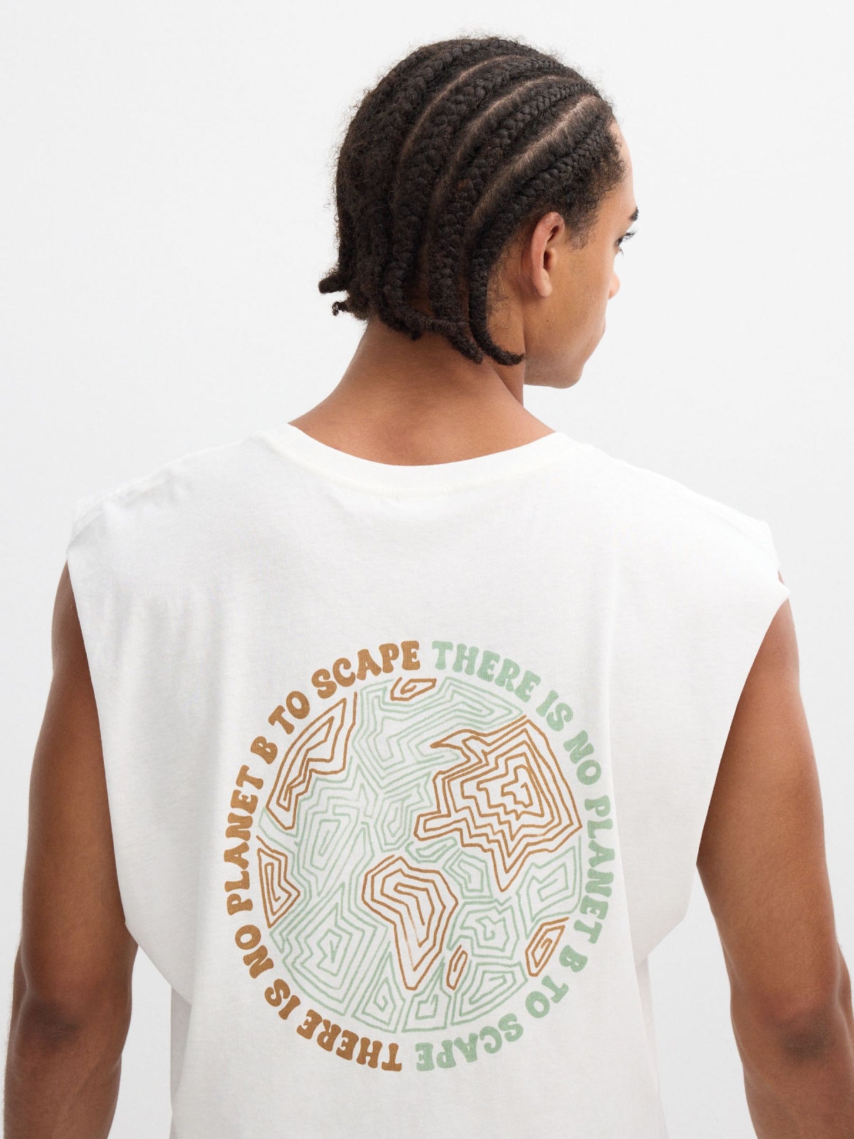 Camiseta sem mangas estampada planeta off white vista detalhe