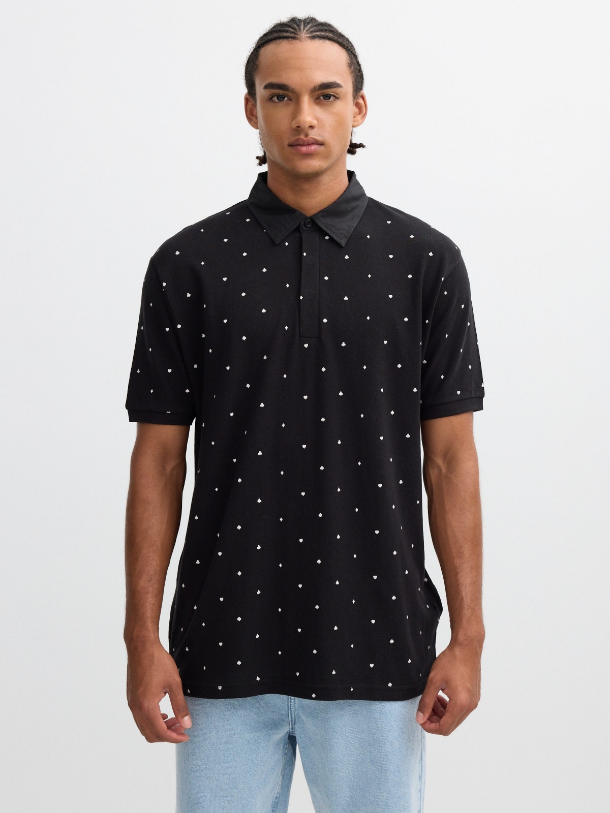 Printed miniprint polo black middle front view