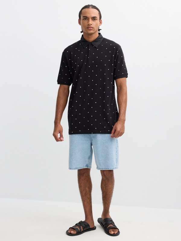 Printed miniprint polo black front view