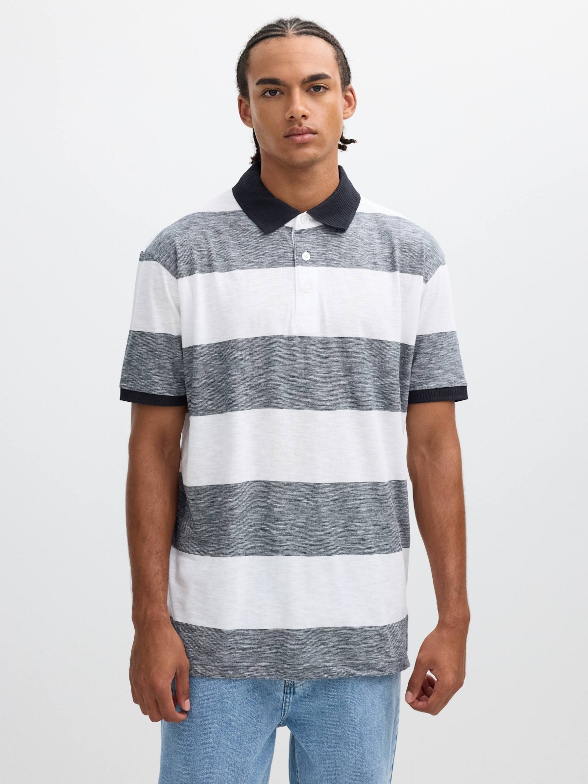 Woven striped polo white middle front view