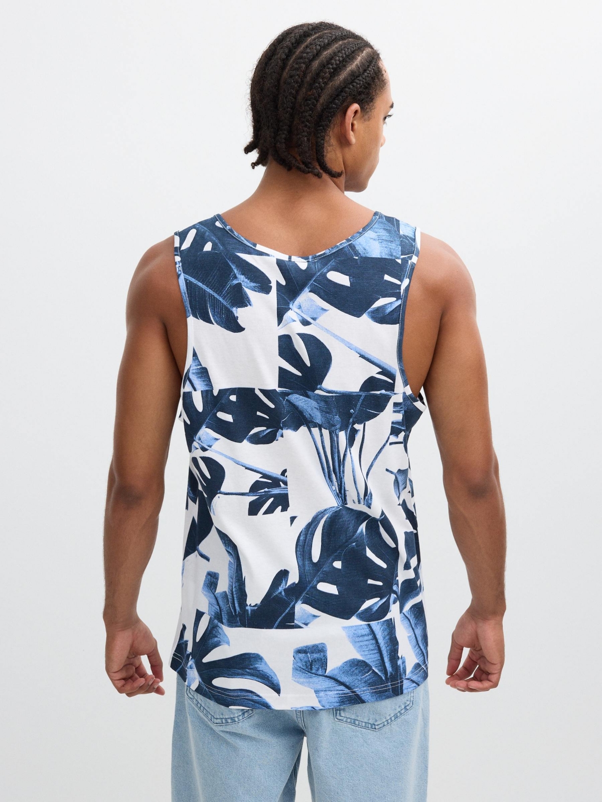 Tropical leaves print tank top white middle back view