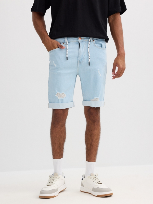 Calções de bermuda de ganga azul skinny azul vista geral frontal