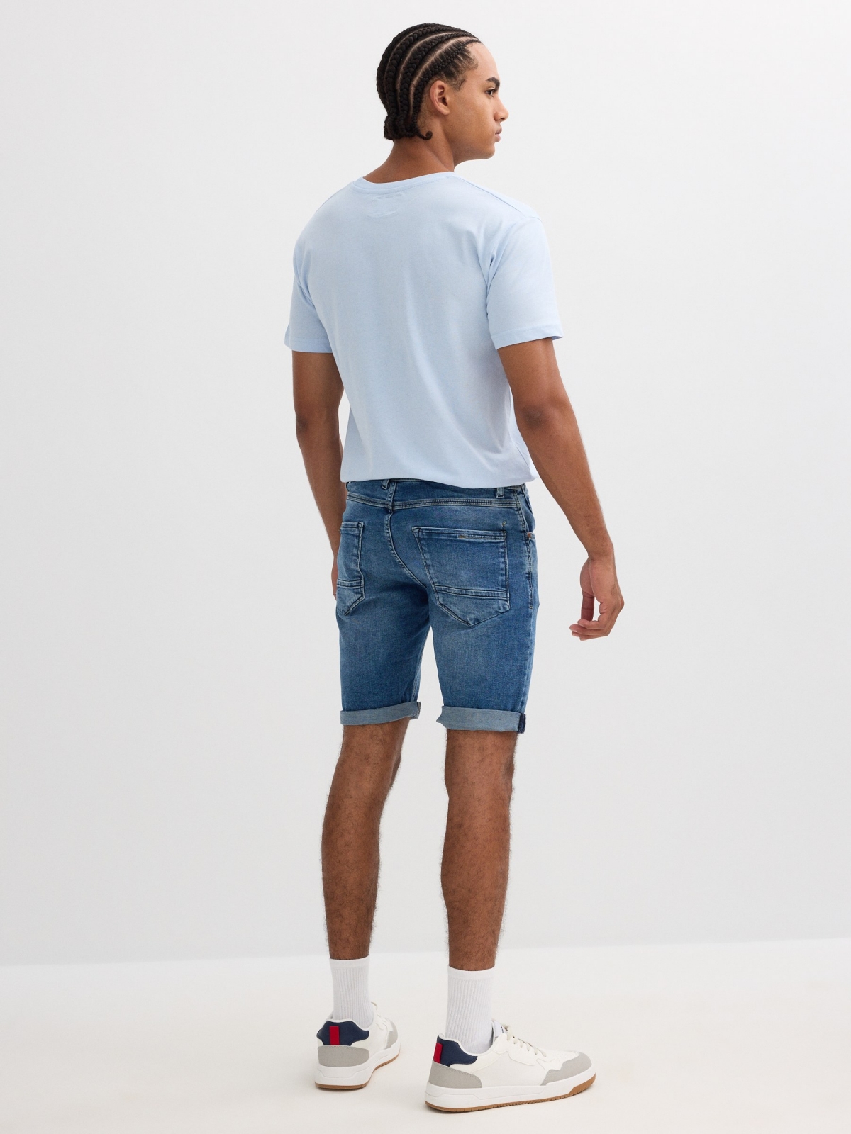 Distressed blue denim bermuda blue middle back view