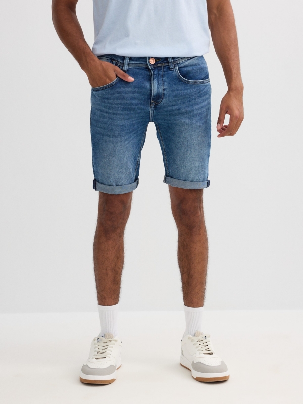 Distressed blue denim bermuda blue front view