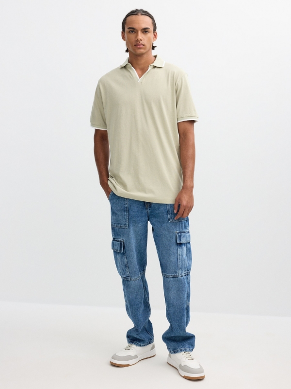 Basic V-neck polo greyish green front view