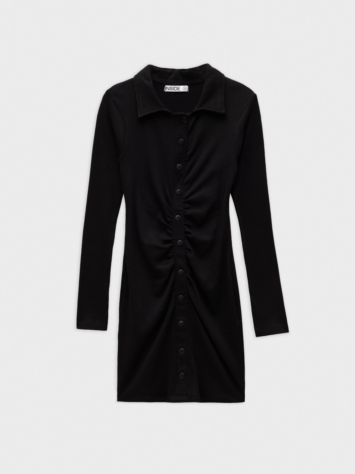 Vestido mini-camisa com folhos preto vista detalhe