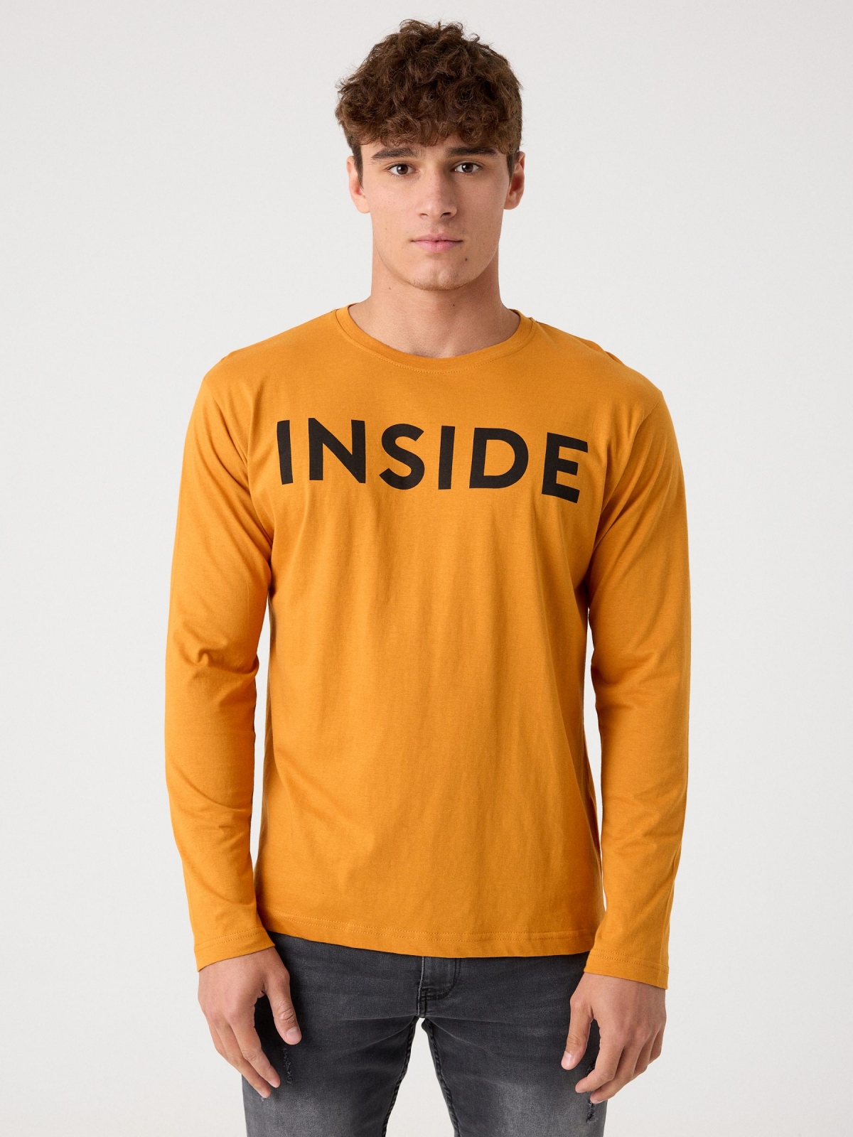 Basic T-shirt with logo ochre middle front view