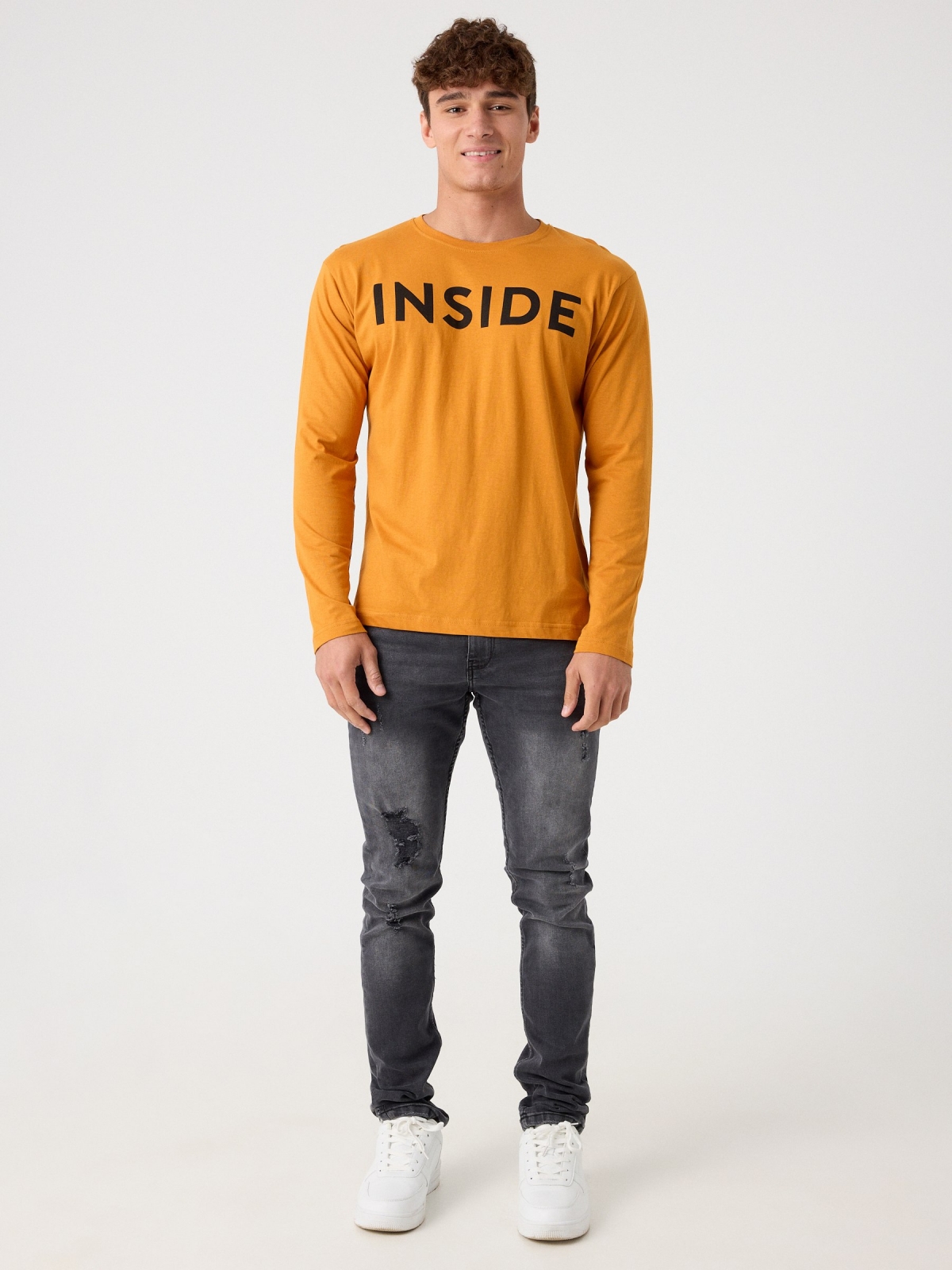 Basic T-shirt with logo ochre front view