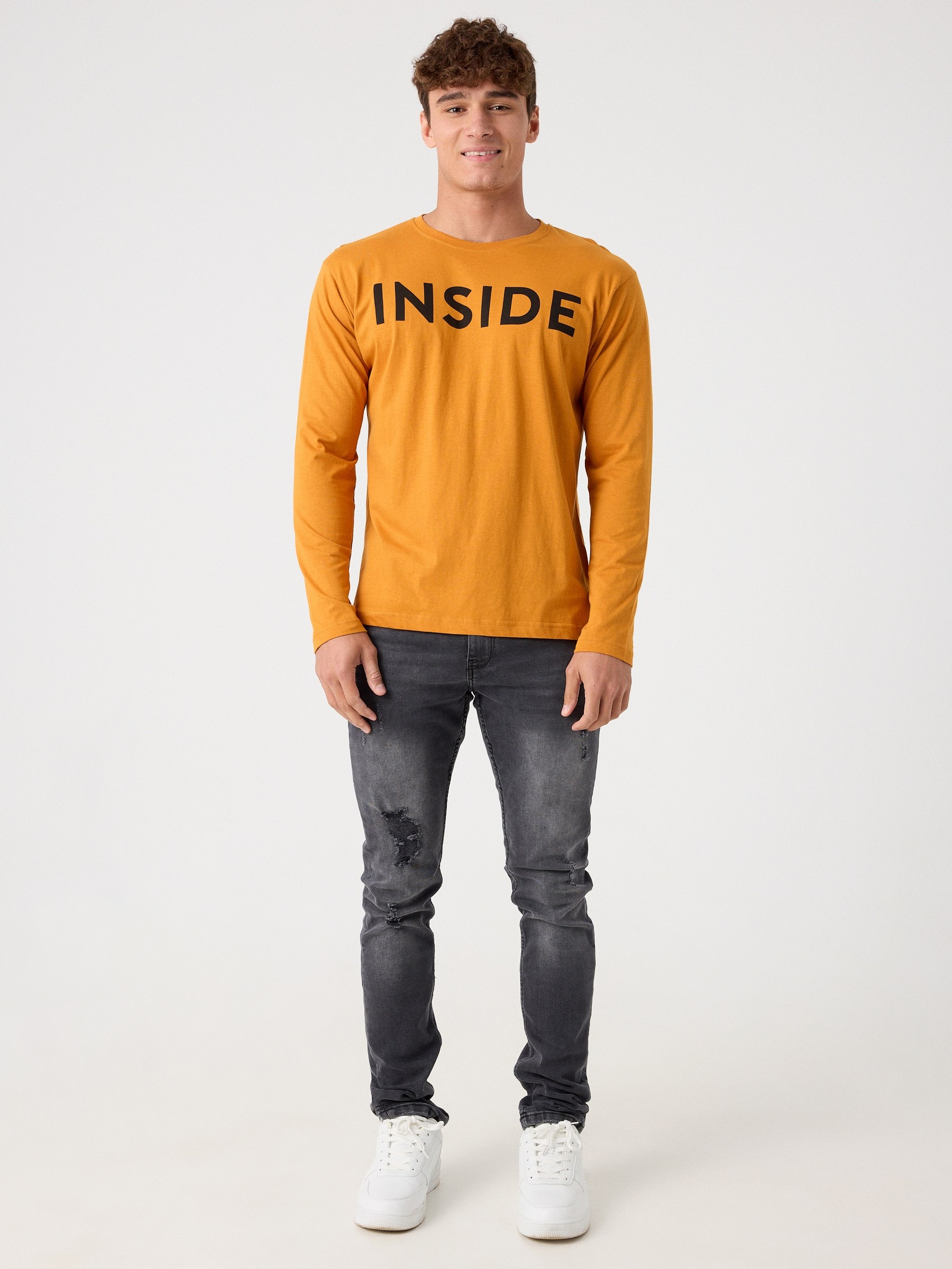 Basic T-shirt with logo ochre middle front view