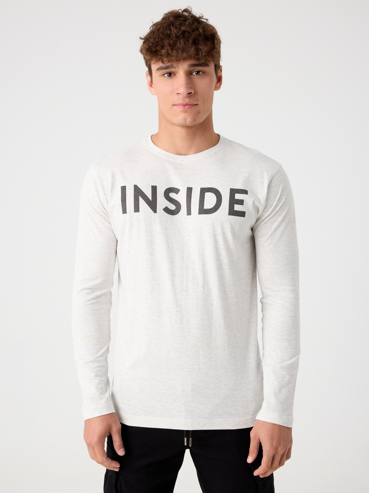 T-shirt básica com logótipo melange claro vista meia frontal