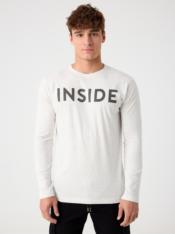 T-shirt básica com logótipo melange claro vista meia frontal