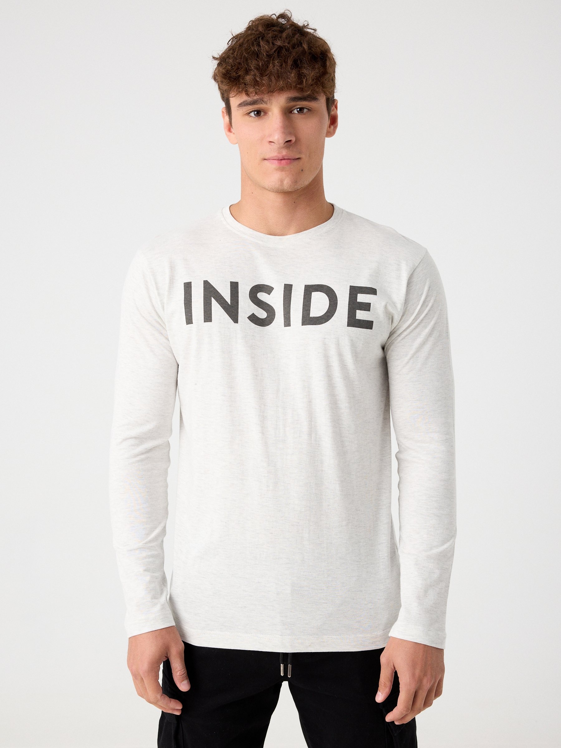 T-shirt básica com logótipo melange claro vista meia frontal