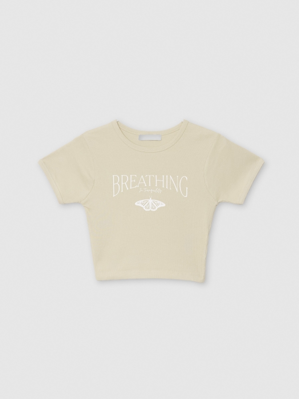  Ribbed short sleeve crop top taupe front view