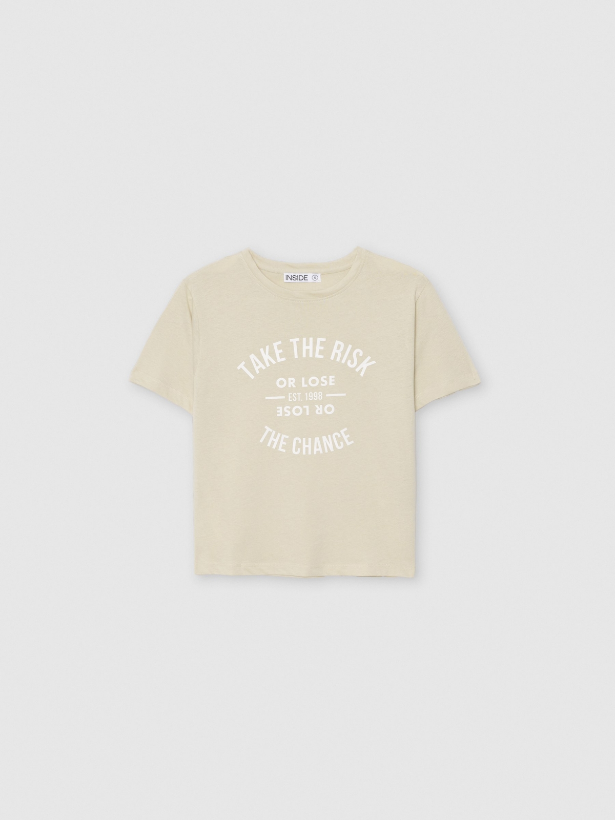  Camiseta de manga curta com texto taupe vista frontal