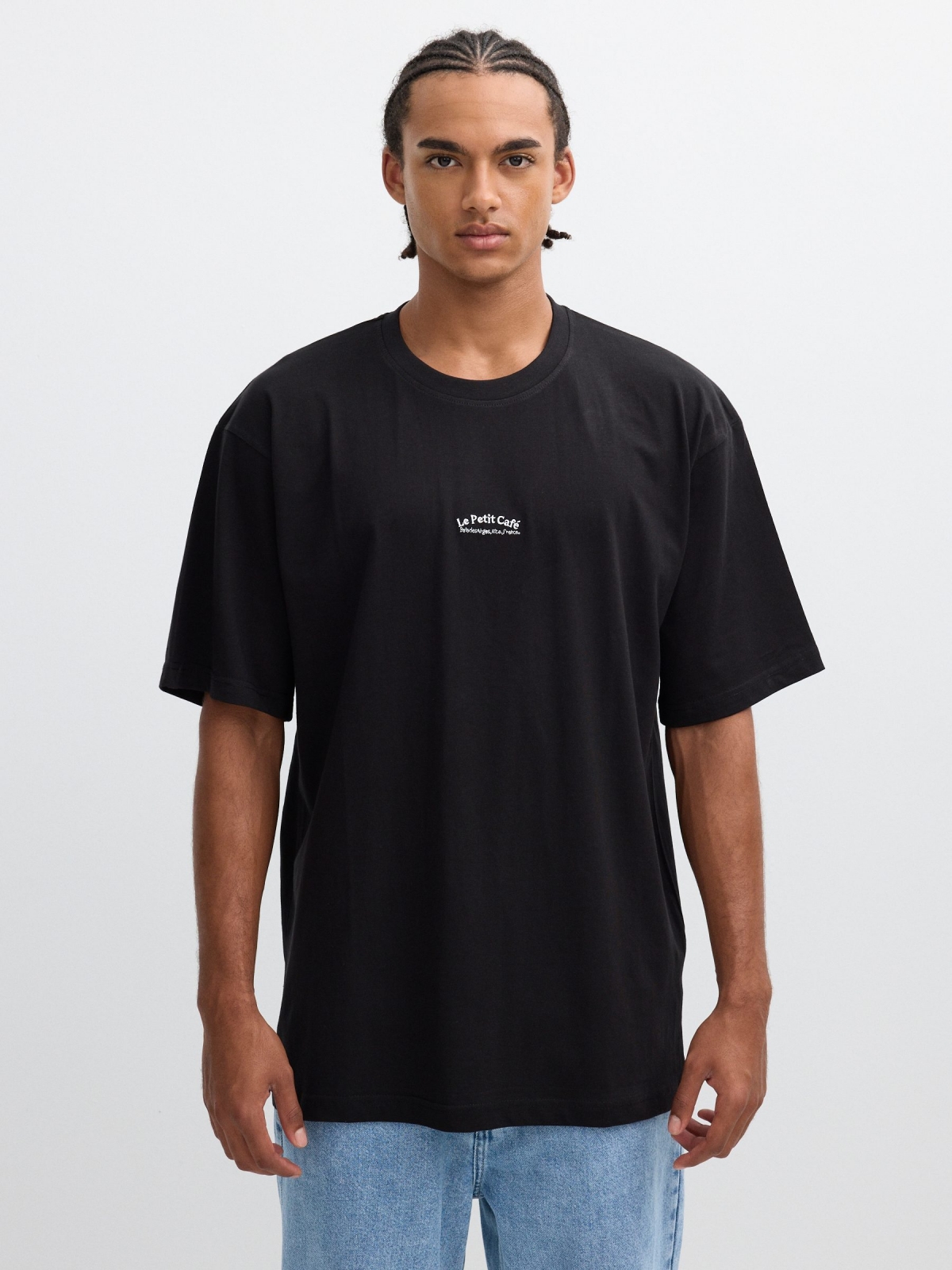 Petit café print t-shirt black middle front view